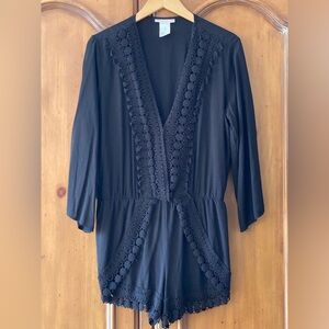 La Blanca Black Lace Crochet Trim Cover-Up Romper Size Large